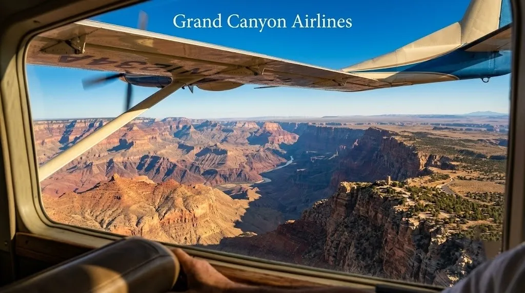 View from a Grand Canyon Airlines airplane showing the vast South Rim and the Colorado River far below.