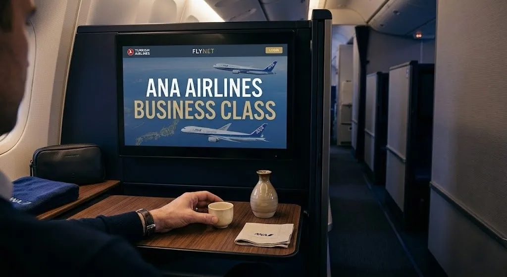 View from inside an ANA The Room business class suite with ANA Airlines Business Class text on the IFE screen and a sake cup on the side table.