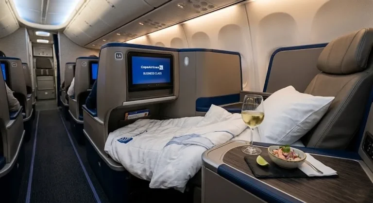 View of a Copa Airlines 737 MAX 9 business class lie-flat seat with Copa Airlines Business Class text on the IFE screen.