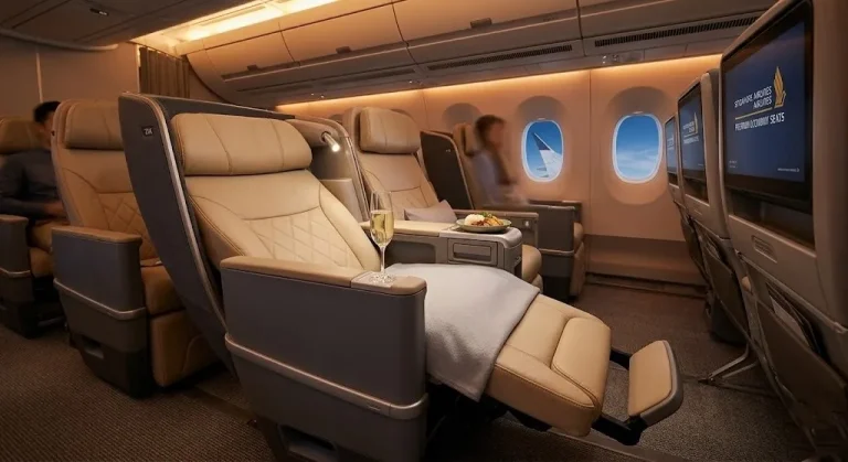 View of a Singapore Airlines A350 premium economy seat with Singapore Airlines Premium Economy Seats text on the IFE screen and champagne.