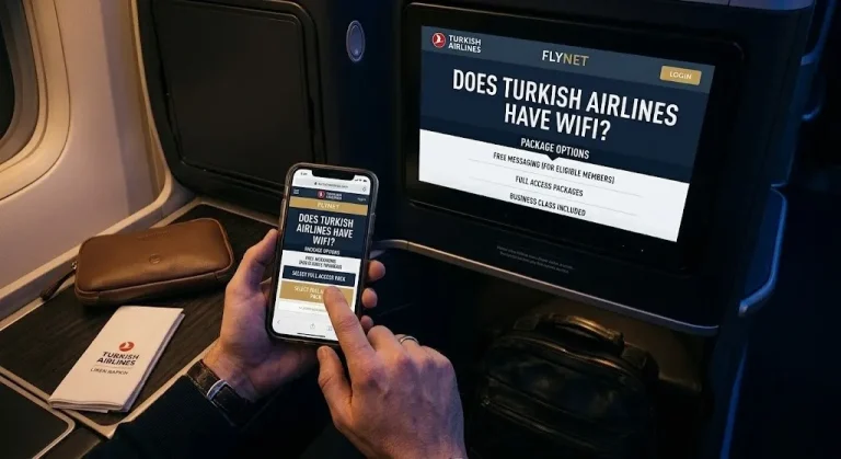 View of a Turkish Airlines seatback screen showing the Does Turkish Airlines Have WiFi FlyNet portal, with a passenger's smartphone in the foreground.