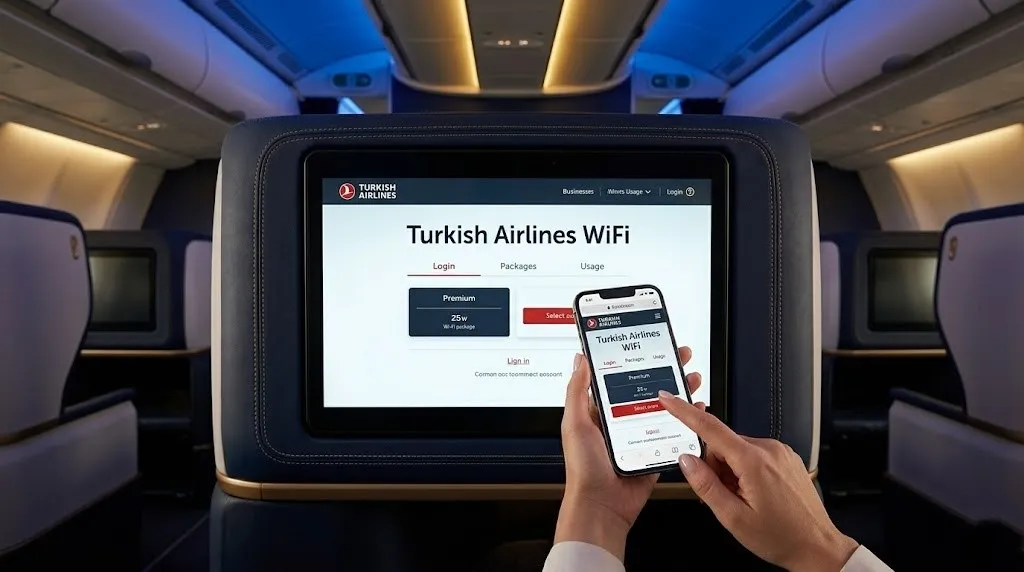 View of a Turkish Airlines seatback screen showing the Turkish Airlines WiFi FlyNet portal, with a passenger's smartphone in the foreground.