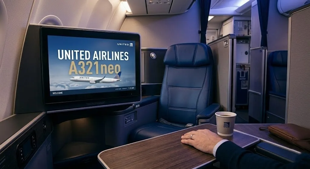 View of a United Airlines A321neo first class seat with United Airlines A321neo text on the seatback screen.