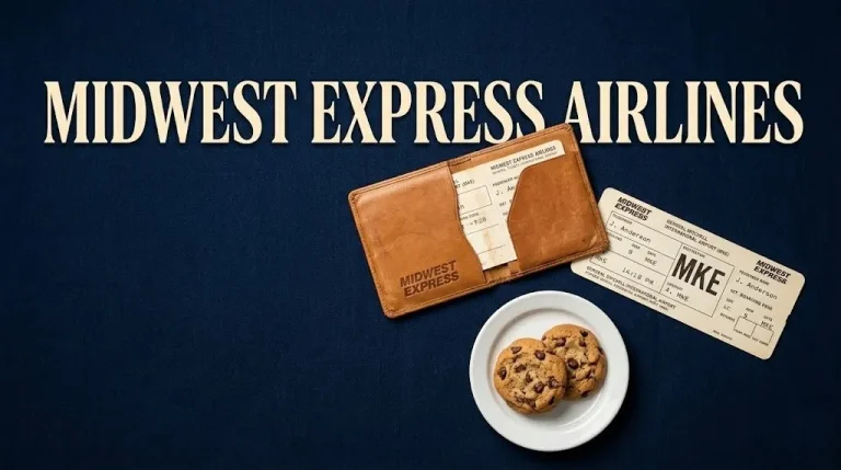 Vintage Midwest Express Airlines memorabilia with cookies and boarding pass on a navy background in editorial flat-lay style.