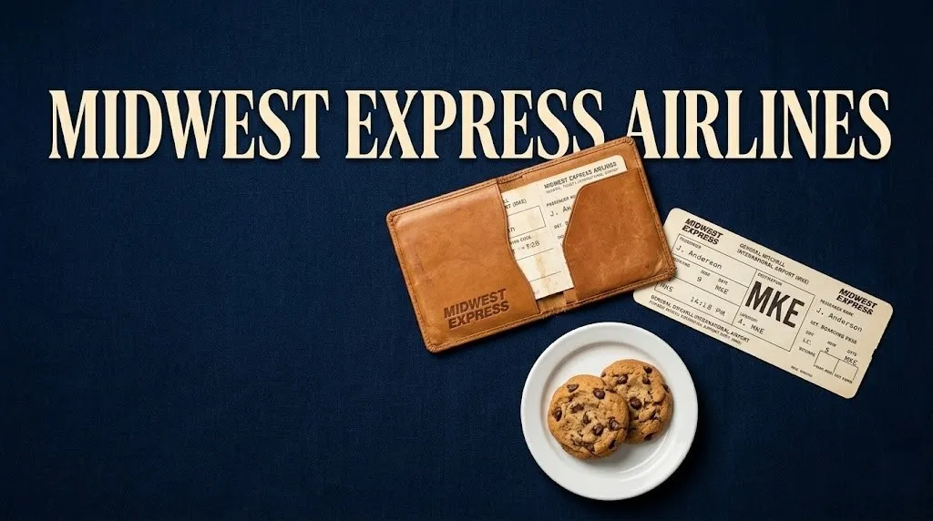 Vintage Midwest Express Airlines memorabilia with cookies and boarding pass on a navy background in editorial flat-lay style.