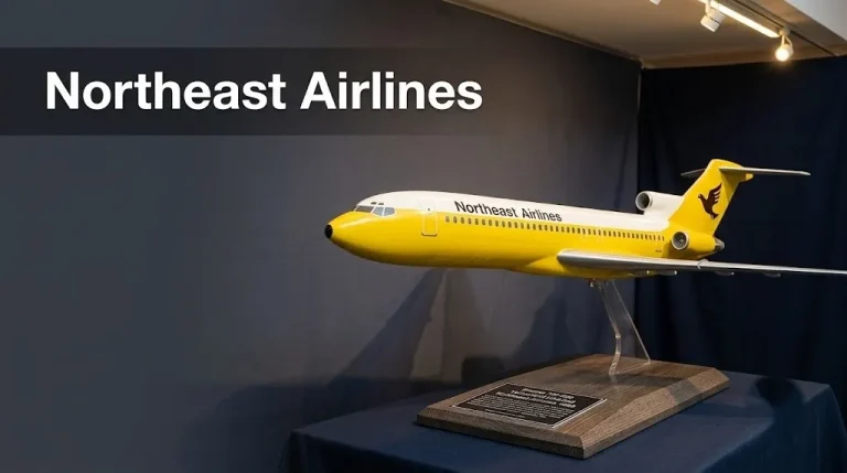 Vintage Northeast Airlines Boeing 727 model in Yellowbird livery at aviation museum with Northeast Airlines headline for airline history guide.