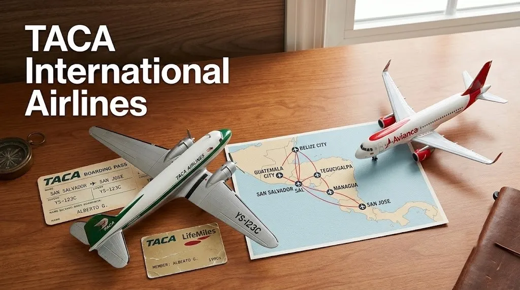 Vintage TACA Airlines green model aircraft and LifeMiles card beside modern Avianca red model with Central America route map on wood desk.