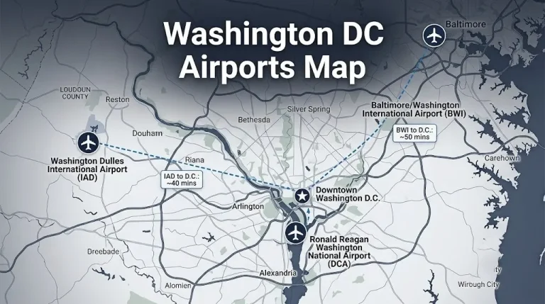 Washington DC airports map showing Reagan National DCA, Dulles IAD, and BWI locations with distances to downtown for a DC airports guide article.