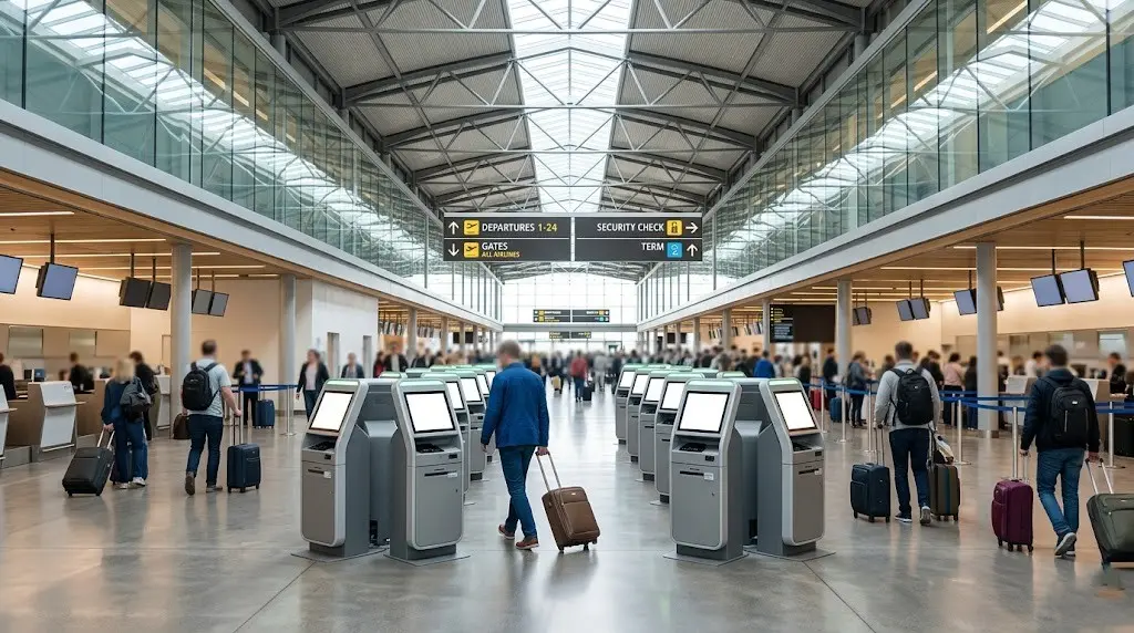 Wide shot of a modern airport check-in hall with self-service kiosks and travelers with luggage