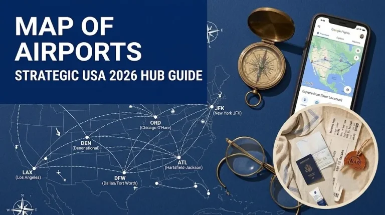 A stylized map of US airports with airline route lines and a smartphone, the strategic map of airports for 2026.
