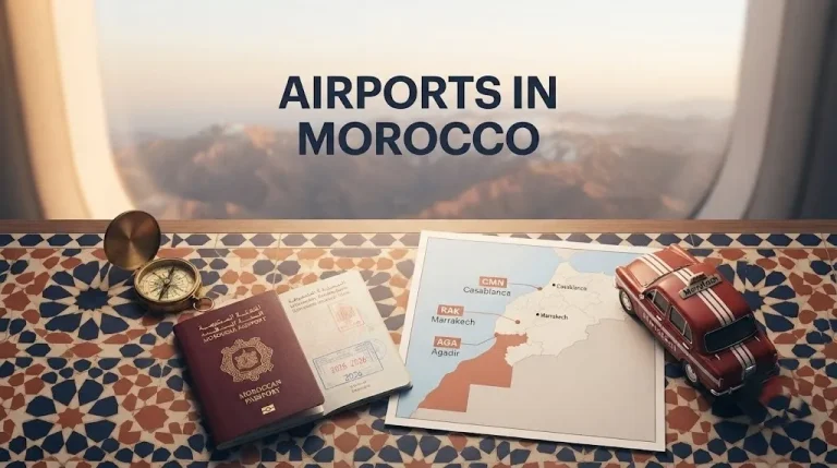 A traveler's planning desk with a highlighted map of major airports in Morocco and a stamped passport for 2026 travel.