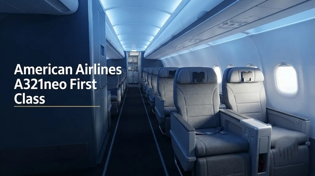 American Airlines A321neo first class recliner cabin interior with headline text overlay