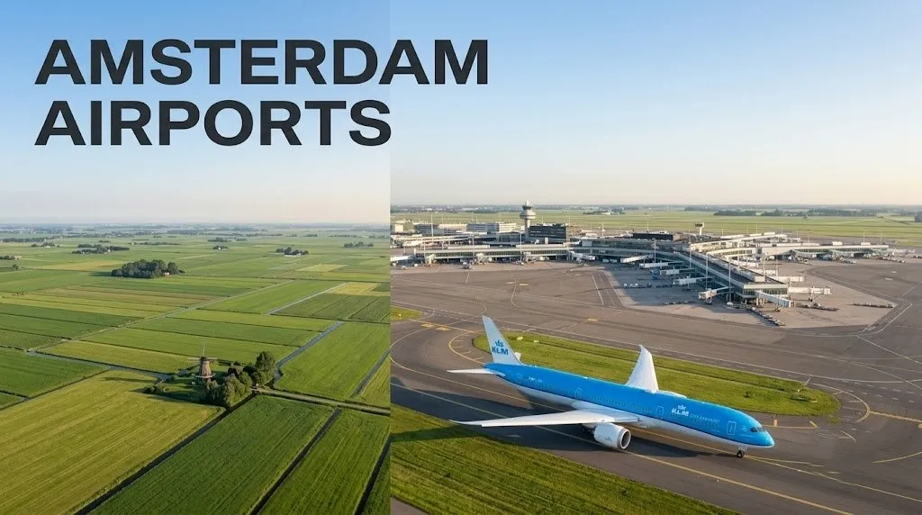 An aerial view of Amsterdam Airport Schiphol with KLM Dreamliner, illustrating the main Amsterdam airports guide for 2026.