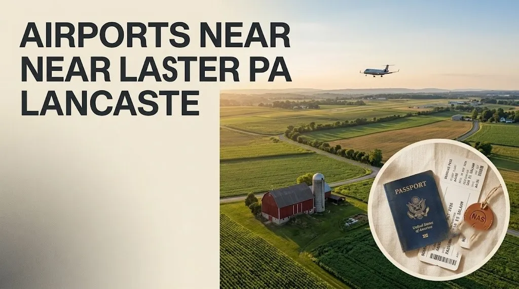  An aerial view of Lancaster farmland with a commercial jet approaching, illustrating the best airports near Lancaster PA.