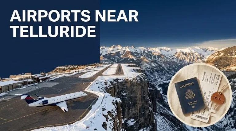 An aerial view of Telluride Regional Airport on a cliffside mesa with a regional jet, illustrating the best airports near Telluride CO.