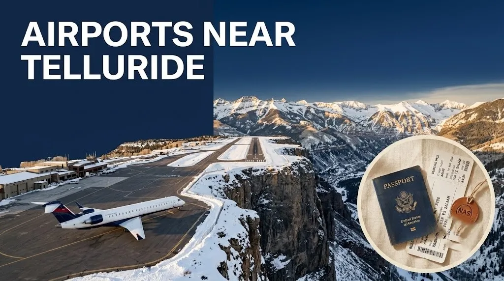 An aerial view of Telluride Regional Airport on a cliffside mesa with a regional jet, illustrating the best airports near Telluride CO.