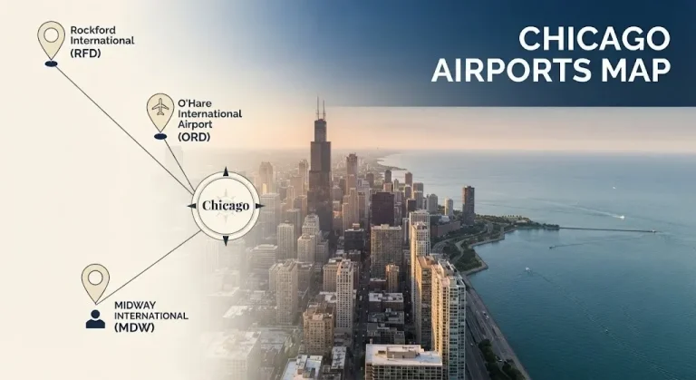 An aerial view of the Chicago skyline with a stylized airport map overlay and the headline Chicago Airports Map.