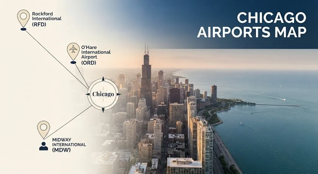 An aerial view of the Chicago skyline with a stylized airport map overlay and the headline Chicago Airports Map.