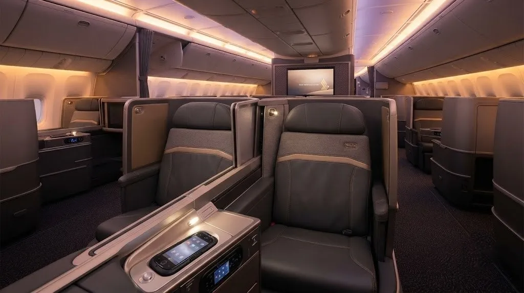 An empty Singapore Airlines 2018 refurbished 777 business class cabin with amber lighting and headline Singapore Airlines 777.