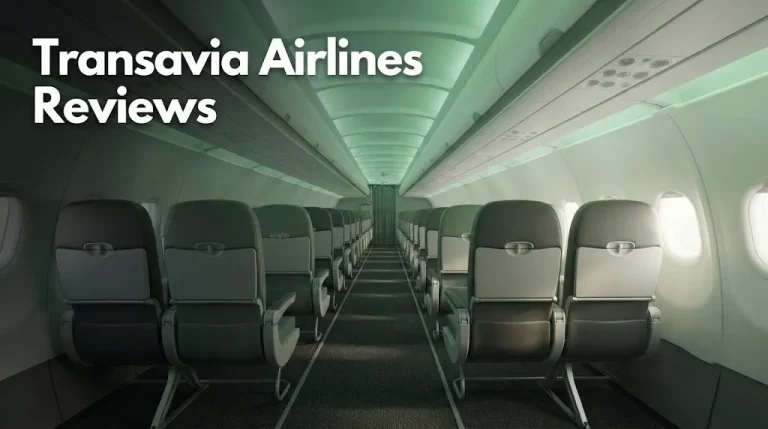 An empty Transavia Airbus A320neo cabin with green mood lighting and the headline Transavia Airlines Reviews.