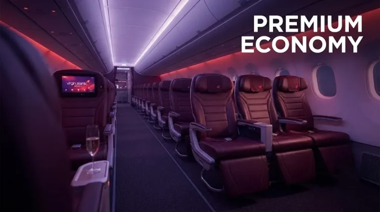 An empty Virgin Atlantic A350 premium economy cabin with purple mood lighting and headline Virgin Airlines Premium Economy.