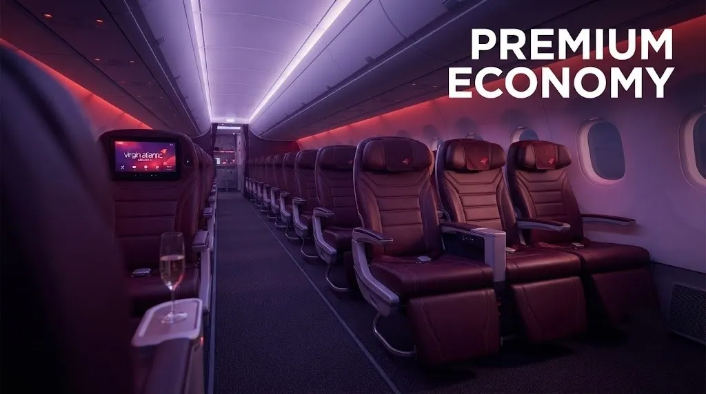 An empty Virgin Atlantic A350 premium economy cabin with purple mood lighting and headline Virgin Airlines Premium Economy.