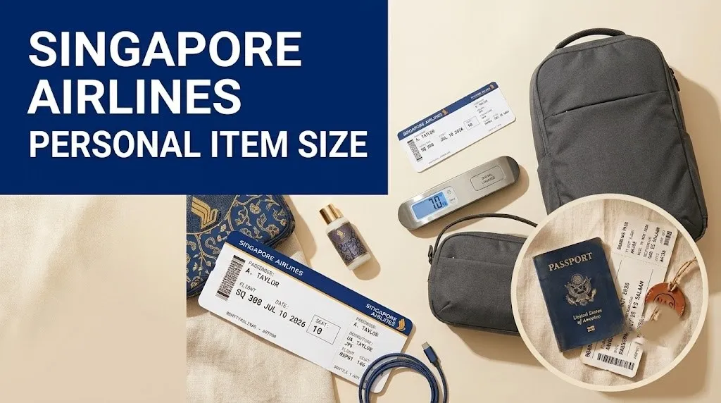 Backpack, handbag, and a scale showing 7kg, illustrating the Singapore Airlines personal item size rules for 2026.