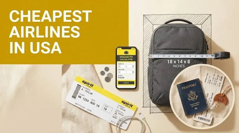 Backpack measured against a sizer, and a fee calculator, illustrating the cheapest airlines in the USA for 2026.