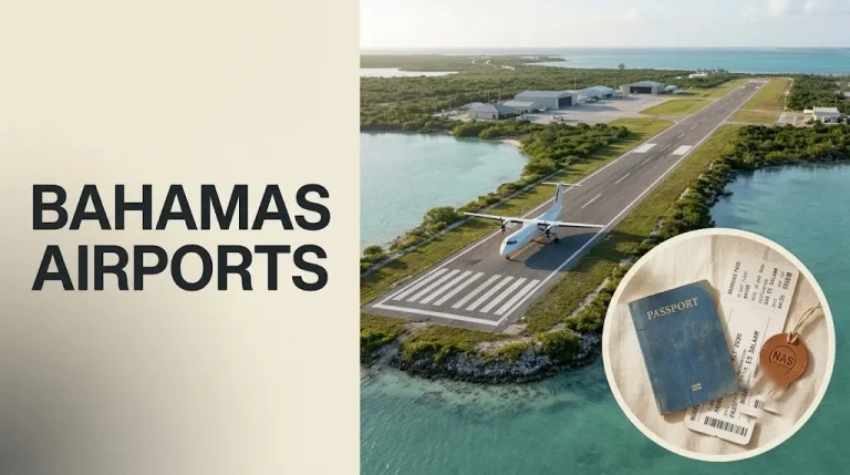 Bahamas airports guide showing a small island runway with turquoise water and travel documents