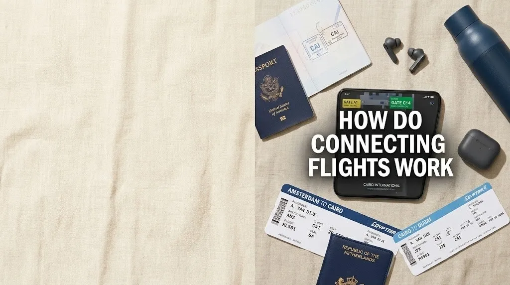 Boarding passes and a smartphone displaying a gate map, illustrating how do connecting flights work in 2026.