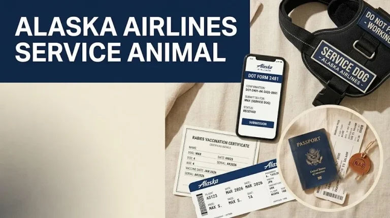 DOT form confirmation, harness, and boarding pass, illustrating the Alaska Airlines service animal policy for 2026.