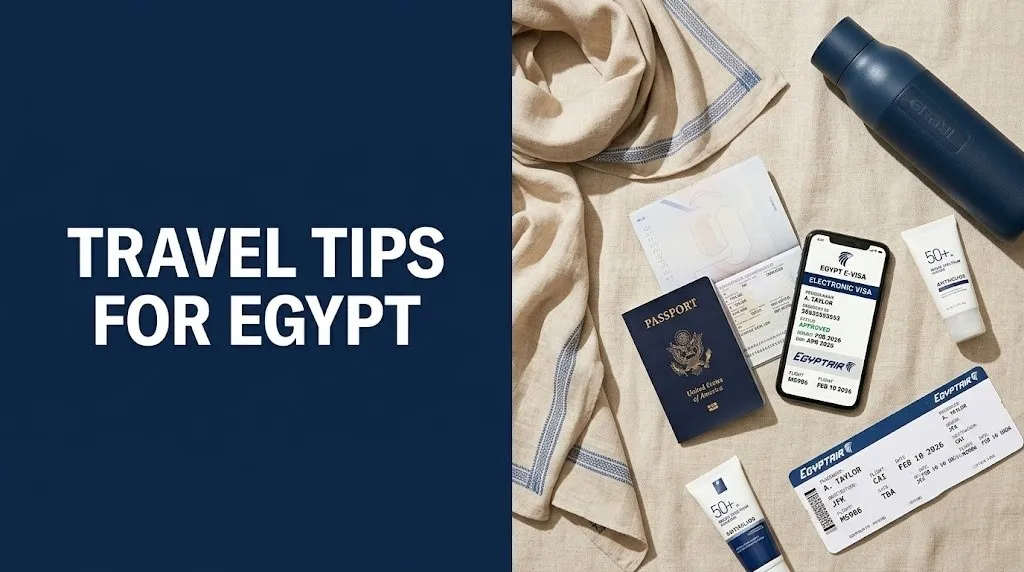 Essential travel items and an Egypt eVisa on a smartphone, illustrating key travel tips for Egypt in 2026.