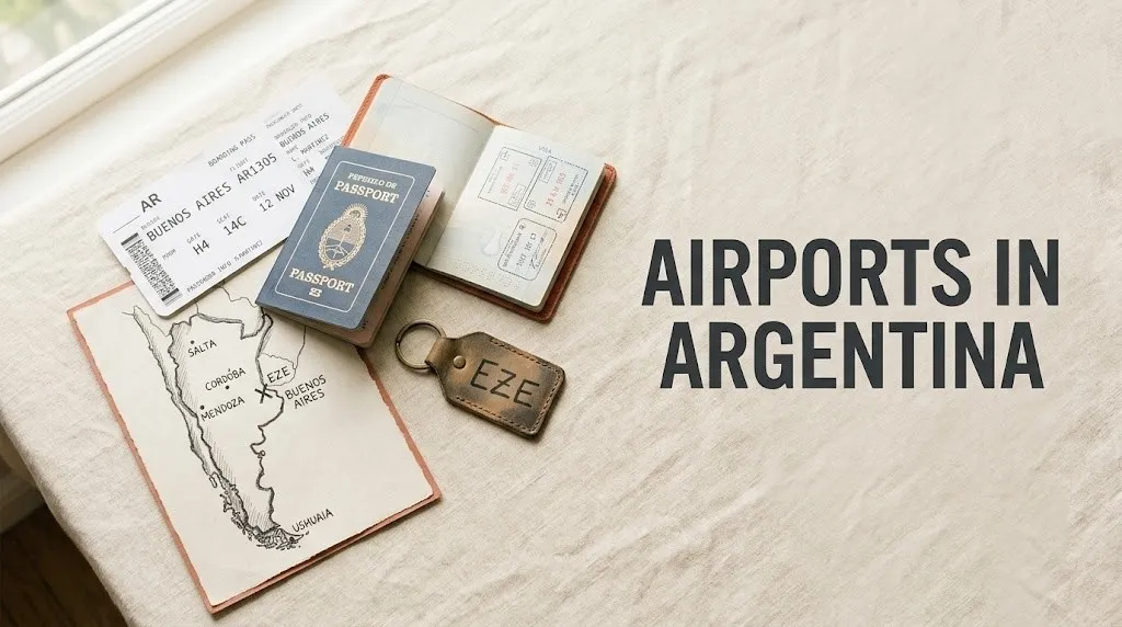 Flat-lay of passport, boarding pass, and EZE luggage tag illustrating airports in Argentina guide