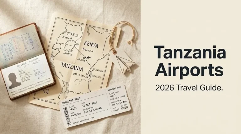 Flat-lay travel documents with bold text reading Tanzania Airports, a 2026 guide to the country's gateways.