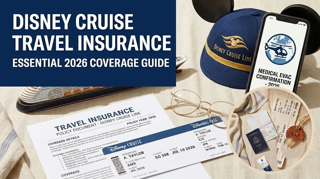 Mickey ears, an insurance policy, and a toy ship, illustrating Disney Cruise travel insurance for 2026.