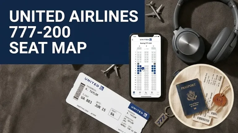 Smartphone seat map, boarding pass, and headphones, illustrating the United Airlines 777-200 seat map for 2026.